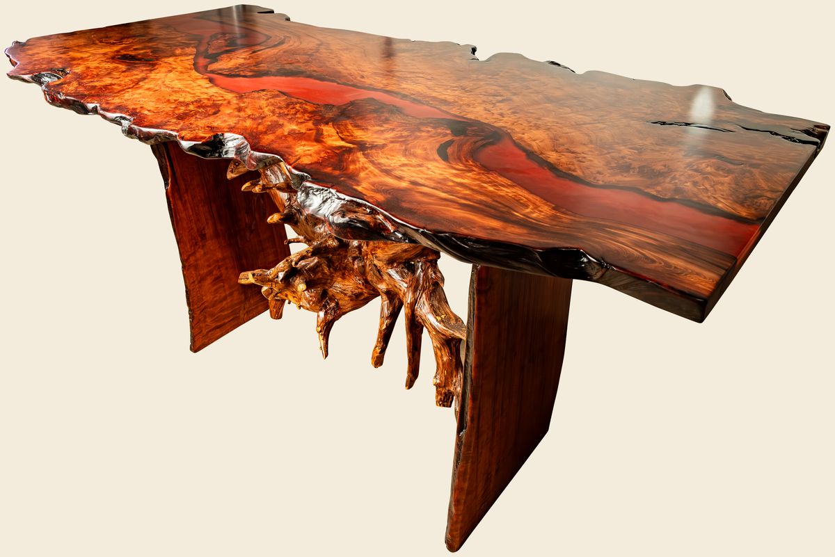 Redwood burl desk with sculptural root base
