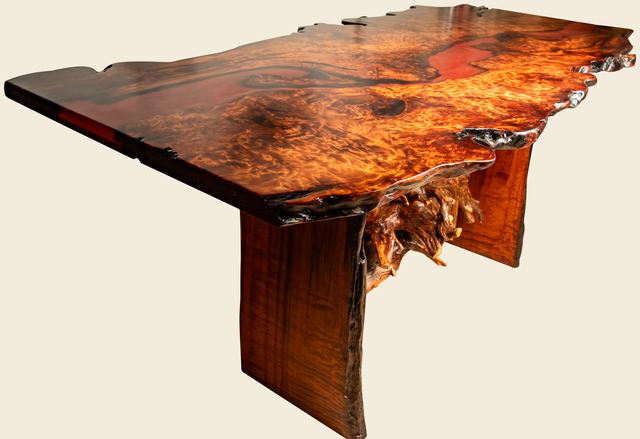 Redwood Burl River Table with Red Epoxy, Redwood Burl