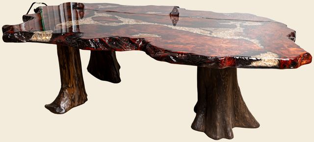 Redwood Burl Coffee Table with Stone Inlay, Redwood Burl