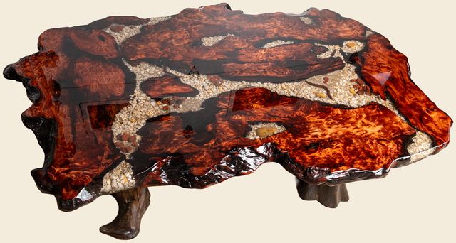 Redwood Burl Stone Inlay Coffee Table, Redwood Burl