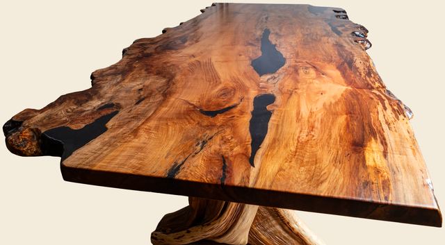 Maple Burl Dining Table with Black Inlay, Maple Burl