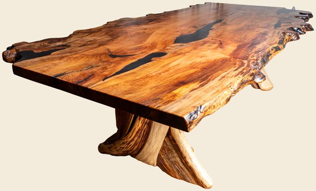 Maple Burl Dining Table with Black Box Inlay, Maple Burl