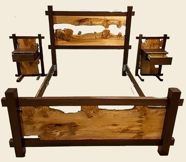 Live Edge Bed and Nightstands, Maple Burl with walnut accents
