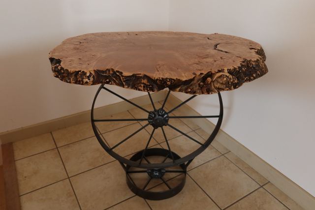 Wagon Wheel Pub Table, Maple Burl
