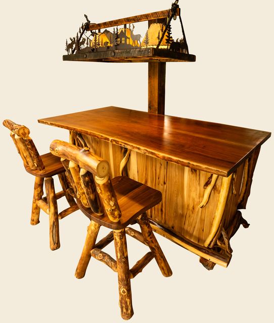 Bar with Log Chairs, Walnut + Hickory